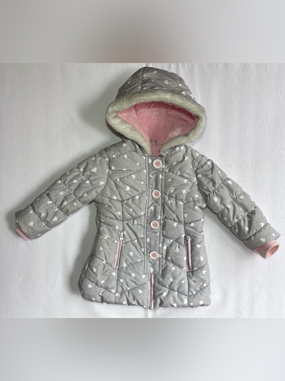 OshKosh B’gosh Girls 2T Gray Heart Puffer Coat Pink Fleece Hood